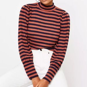 LOFT Striped Mock-Neck Puff Sleeved Tee
